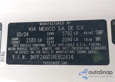 2024 Kia Forte Lxs из США, поврежденный, VIN 3KPF24AD1RE802414